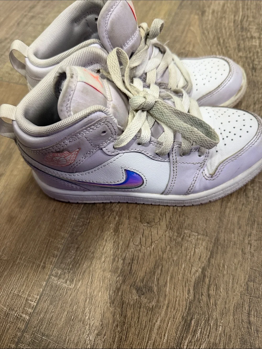 Jordan Kids White & Lavender High-Top Sneakers with Iridescent Swoosh
